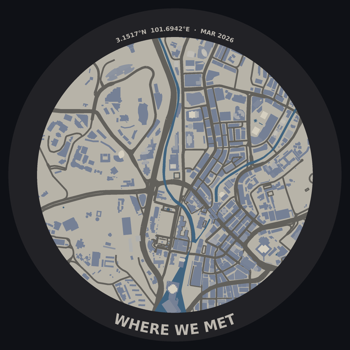 A circular relief map disc of Kuala Lumpur