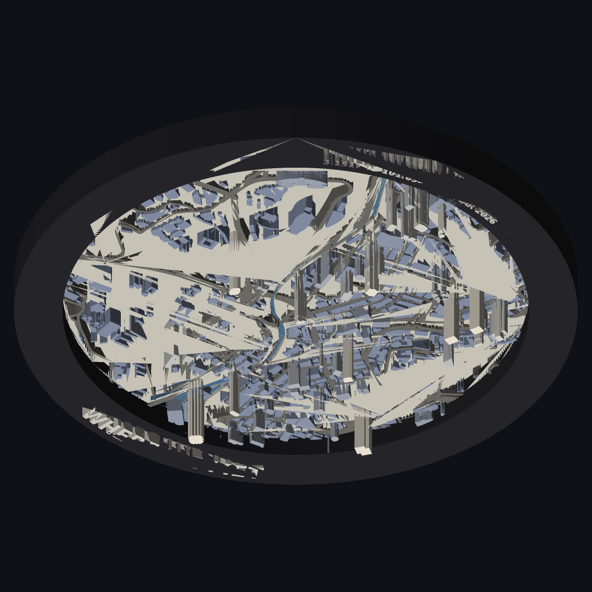 Angled view showing buildings raised in relief